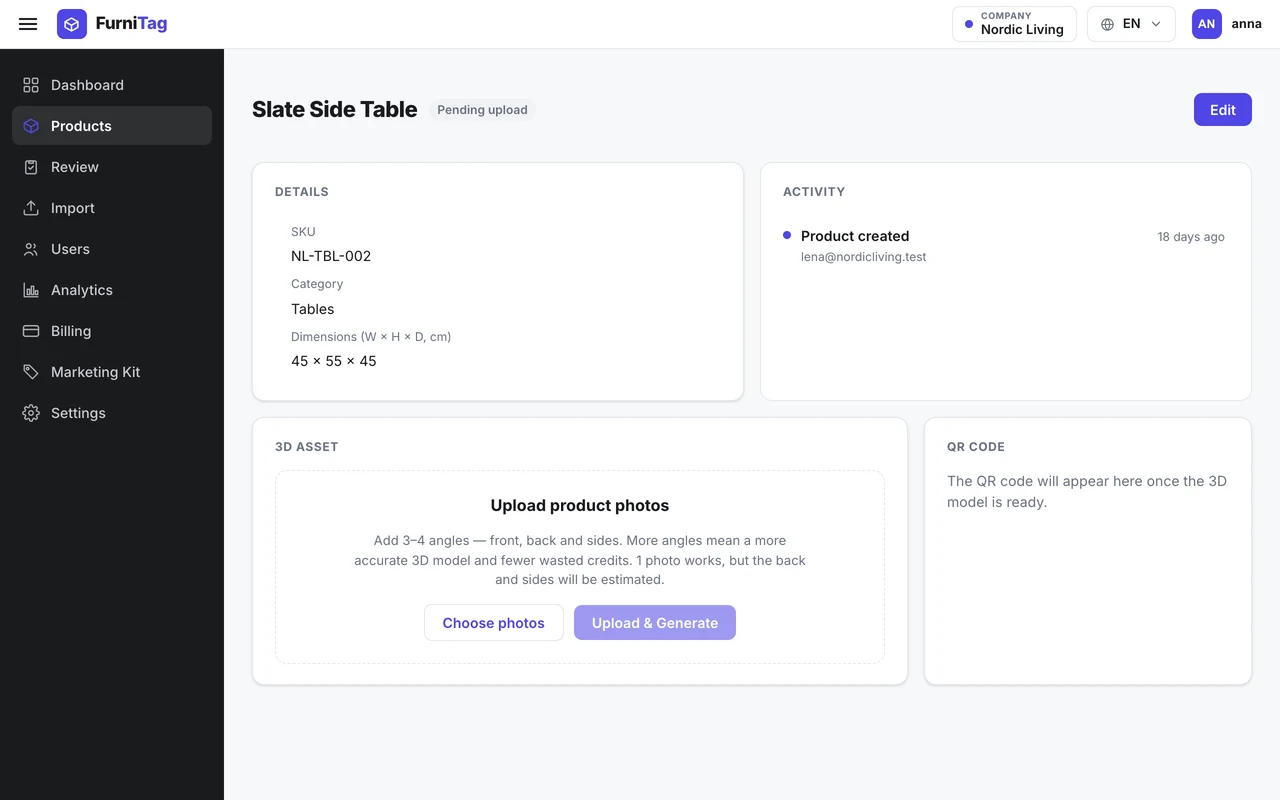 Merchant dashboard product page showing the 'Upload product photos' panel.