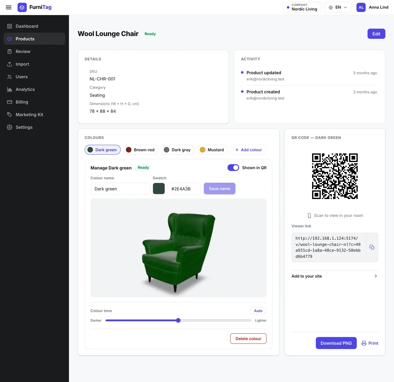 Merchant dashboard product page for a finished chair — the 3D model rendered in the viewer, four colour variants, and the QR code beside it.