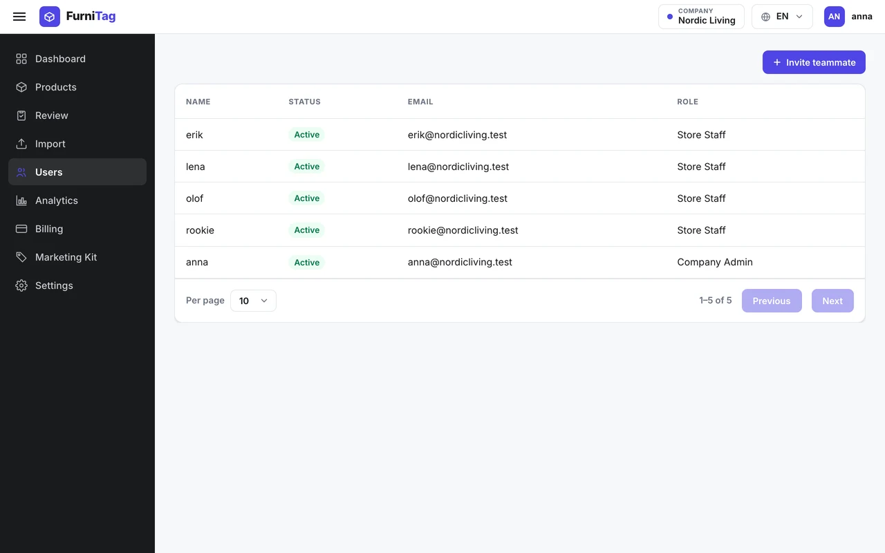 Merchant dashboard Users page listing teammates with their roles and active status.